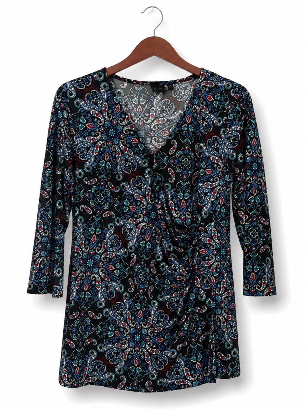 Rafaella XL Paisley Faux Wrap Blouse Black Blue 3/4 Sleeve Stretch